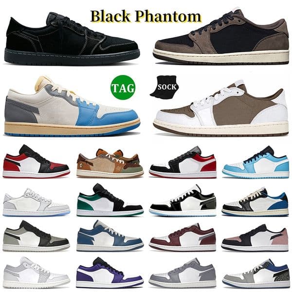 1s Low Men Women Basketball Shoes Black Phantom Fragment Reverse Mocha Vintage UNC Grey Travis Scott Olive Unc Bulls Mystic Green Sports Sneakers With Box