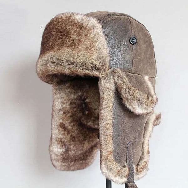 Bomber Hats Winter Men Warm Russian Ushanka Hat with Ear Flap Pu Leather Fur Trapper Cap Earflap for Women