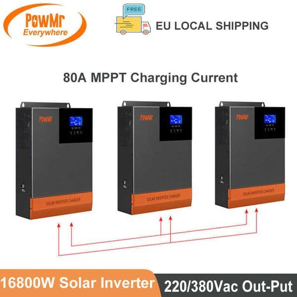 Three-Phase16800W Off-Grid 220/380Vac Solar Inverter with MPPT 80A Charge Max PV 500VDC Solar Panel Input Parallel Up to 6 Units