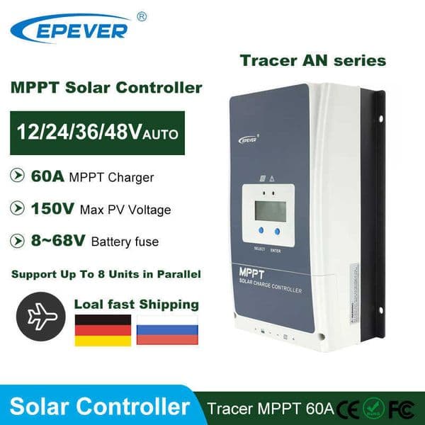 EPever MPPT 60A 12V 24V 36V 48V LCD Solar Charger Controller with Max PV 150V Input and Support Up To 8 Units in Parallel 6415AN
