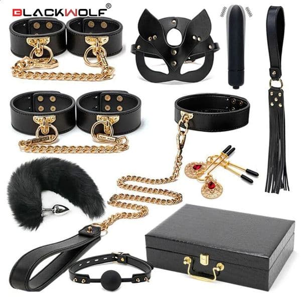 2026 New BLACKWOLF BDSM Bondage adult toys Kits Genuine Leather Restraint Set Handcuffs Collar Gag Vibrators Sex Toys For Women Couples Adult Games 231116 Free