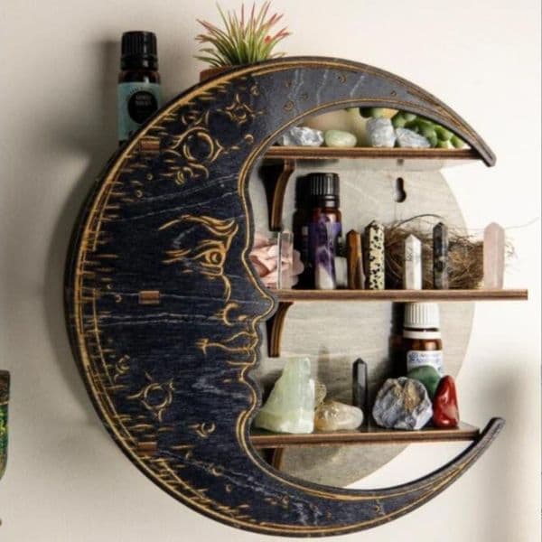 Rustic Wooden Moon Shelf Decor for Crystal Essential Holder Display Rack Wall Hanging Storage Wall Display Shelf room Decor