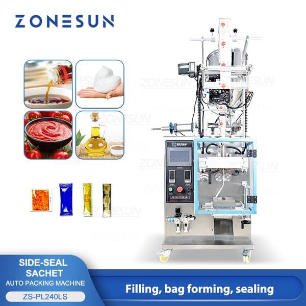 ZONESUN Liquid Filling and Sealing Machine Sachet Packaging Ketchup Pasta Sauce Packet Mixing Heating Coding ZS-PL240LS