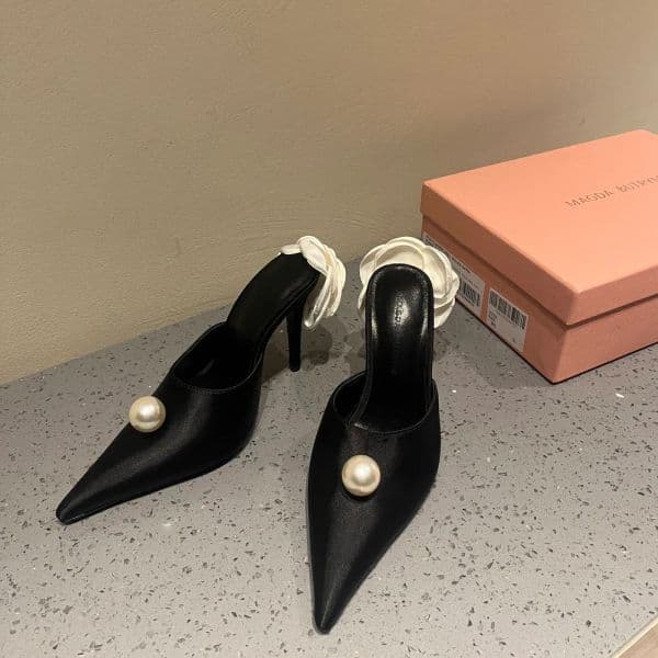 Magda Butrym Faux-Pearl flower Embellished satin mules high heeled pumps Pointed Toe Slip-on designers Sandals Women's Evening Party Wedding shoes factory footwear