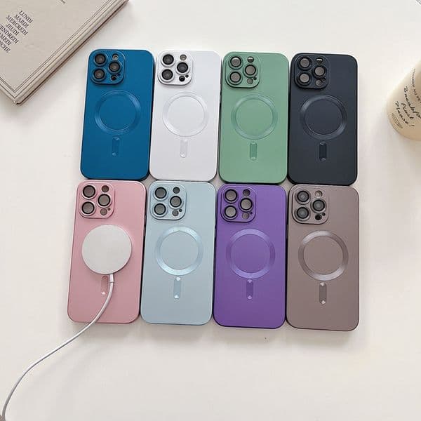 Metallic Paint Magnetic Wireless Charging Cases For Iphone 17 Air 16E 16 15 14 Plus 13 12 11 Pro Max X XR XS Soft TPU Camera Lens Protector Fine Hole Magnet