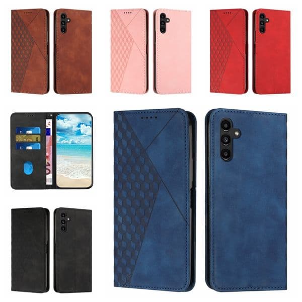 S26 Suck Magnetic Closure Leather Wallet Cases For Samsung S25 S24 Ultra Plus A57 A37 A17 A07 A56 F16 F06 A05 A05S A15 A25 A16 A06 Diamond Skin Feel Cube Holder