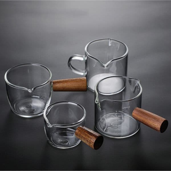 Multi-functional Kitchen Measure Mug Wood Handle Glass Espresso Measuring Cup Double/Single Mouth Milk Jug Coffee Supplies Clear