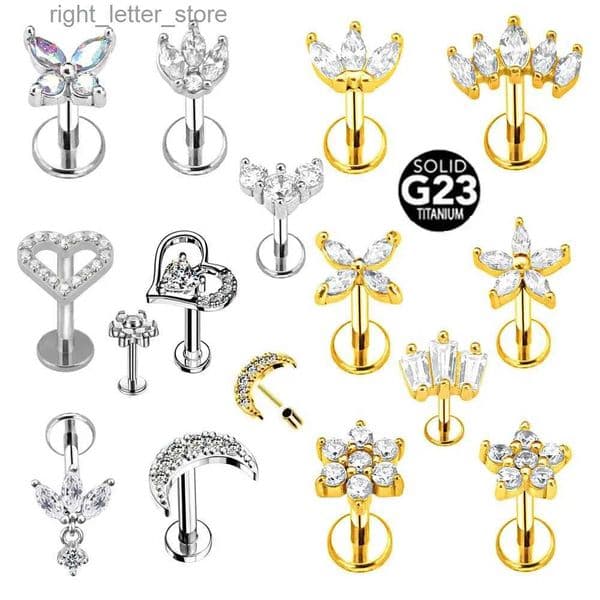 Stud ASTM F136 G23 Titanium Flower Moon Heart Threadless Piercing Leaf Drop Pin Push in Lip Stud Daith Conch Earring 16G 18G 20G YQ231128