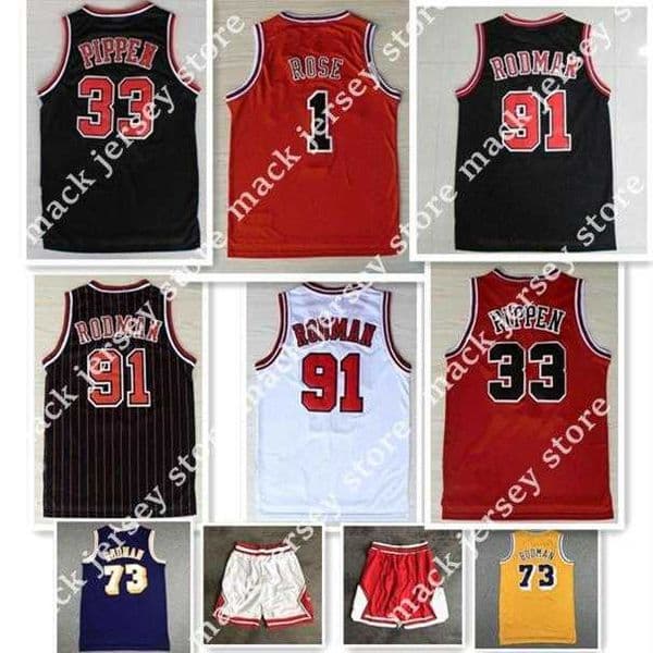 Mens NCAA 1# Derrick Rose Red Jerseys Basketball The Worm 91# Dennis Rodman White Black 33# Scottie Pippen Stitched