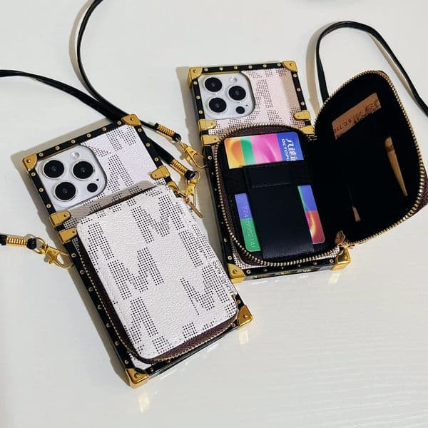 Designer Zipper Wallet Cases for iphone 14 Pro Max 14 12 Mini 11 XS XR X 8 7 Plus Coin Bag K Card Holder Cosmetic Kickstand Leather Square Back Cover with Lanyard
