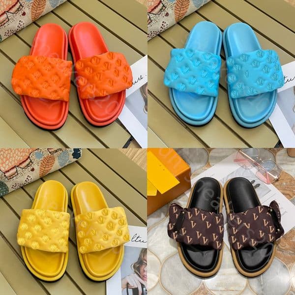Designer Slides Pool Pillow Flat Comfort Slippers Embossed Mules Women sliders Summer luxury Slipper Sandals printed Fashion beach sandal With box size 35-42
