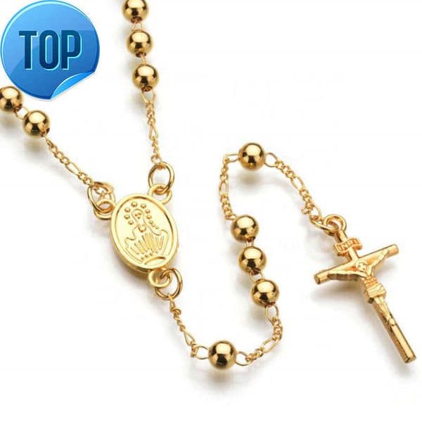 Religious Stainless Steel Bead Chain Jesus Cross Christian Rosary Necklace