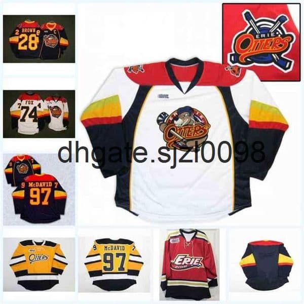 SjSj98 Mens Erie Otters 74 Dane Fox 97 Connor McDavid 28 Connor Brown 100% Embroidery cusotm any name any number Hockey Jerseys Navy White Yellow