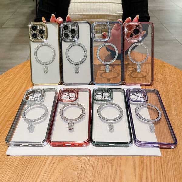 Bling Diamond Magnetic Wireless Charging Cases For Iphone 17 Air 16 15 14 Pro MAX Plus 13 12 11 Chromed Soft TPU Magnet Luxury Plated Metallic Rhinestone Fine