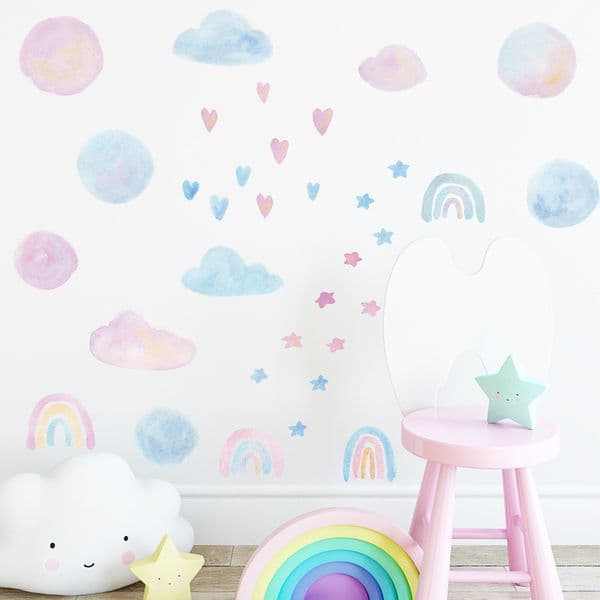 Watercolor Heart Clouds Wall Stickers for Baby Girls Room Wall Decor Removable PVC Wall Decals Home Decor Wallpapers DIY Murals