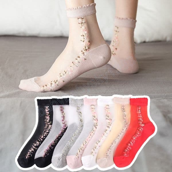 Ultra Thin Transparent Socks Women Breathable Summer Sock Girls Lace Flower Crystal Silk Sock Sexy Elastic Short Tulle Socks