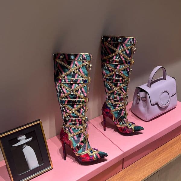 New Rhinestone Crystal Jacquard Knee High Boots Pointed toe Stiletto heels women' luxury designer Leather sole Fashion ins Booties shoes factory footwear Size 35-42