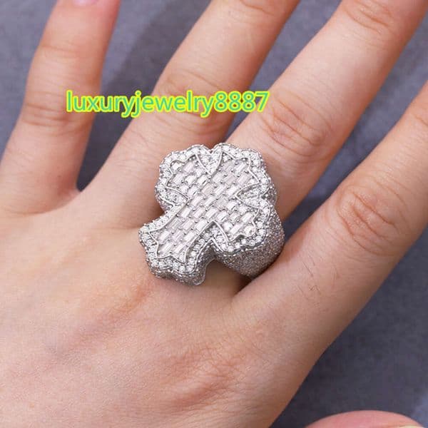 Full ice out Moissanite Ring 925 Sterling Silver Gold Plated Baguette Moissanite Cross Ring Hip Hop Men Women Cuban Ring