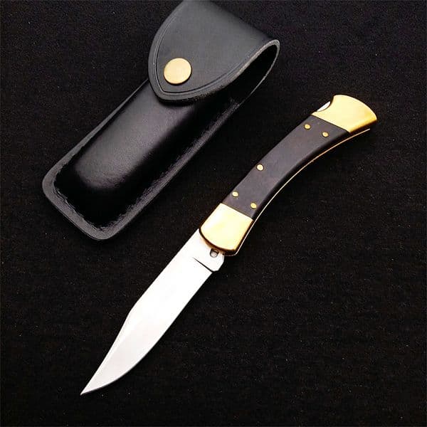 New Classic 110 Push Button Quick Opening Tactical Folding Knife D2 Satin Blade G10 with Brass Head Handle EDC Pocket Knives With Leather Sheath and Nylon Bag