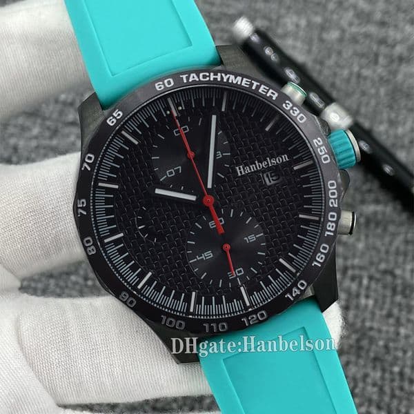 Men Watches Turquoise Green Rubber Strap VK Battery Chronograph Quartz Movement Black Case Wristwatches Luxusuhr Hanbelson
