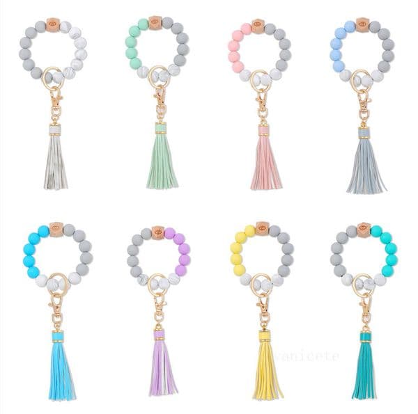 Home Party Favor Tassel wood beads silicone Beads Bracelet key chain Bracelets female Wristlet Keys Ring LT013