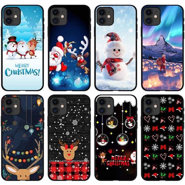 Xmas Christmas Gift Soft TPU Cases For iphone 17 Air 16E 16 15 14 Plus Pro Max 13 12 11 XS MAX XR X 8 7 6 Merry Santa Claus Hat Tree Snow Snowman Black Gel