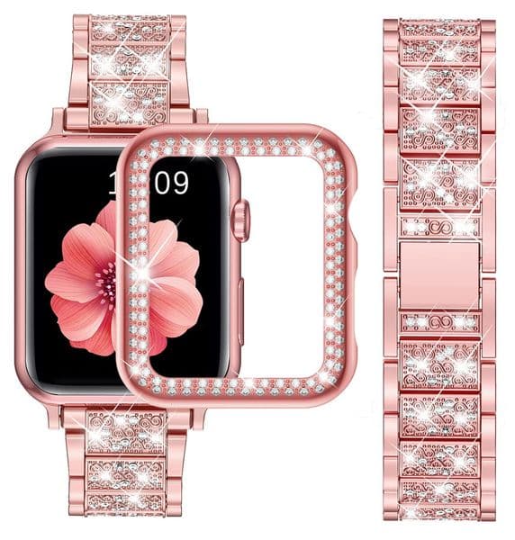 Women Jewelry Bling Diamond Metal Straps for iWatch Series 6/SE/5/4 38mm 40mm 41mm 42mm 44mm 45mm 49mm Bumper Frame Screen Protector Watchband