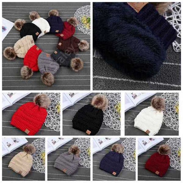 CC Trendy Hats Kids Knitted Fur Poms Beanie Winter Cable Slouchy Skull Caps Leisure Beanie Outdoor Hats 9 Colors 50pcs TCC05