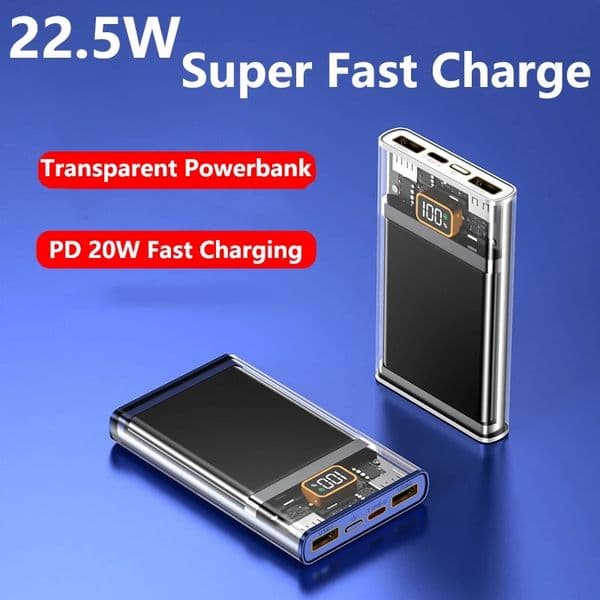 Slim Transparent Power Bank 10000mAh PD 20W/22.5W Super Fast Charging for Huawei P40 P50 Powerbank Portable External Battery Charger