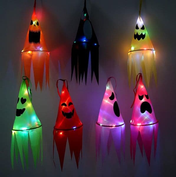 Halloween Light Up Hanging Ghosts Party Decoration Witch Hat Multicolored LED Flashing Glowing Windsock for Yard Tree Garden Party Indoor Outdoor Decor