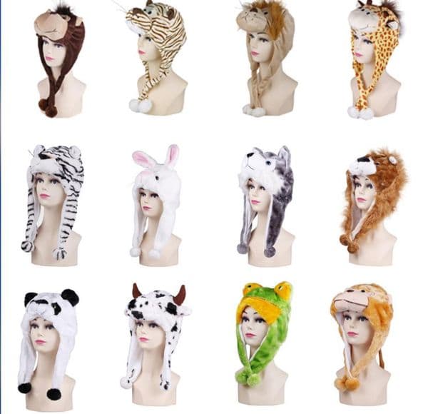 Cartoon Animal Hat Long Fluffy Plush Winter Cap 3D Earmuff Headgear Halloween Dance Party Cosplay Beanie Costume Props For Kids Adults
