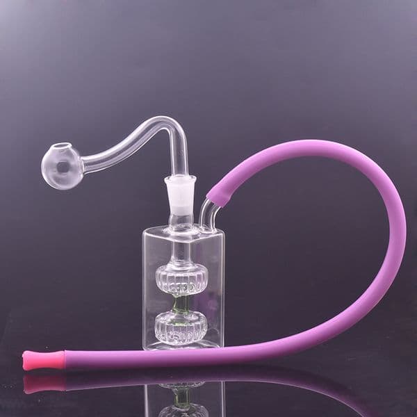 Mini Smoking Pipe Tool 10mm Glass Oil Burner Bong Water Pipes Thick Pyrex Recycler Bongs with Male Oil Burner Pipe and Color Hose 2pcs