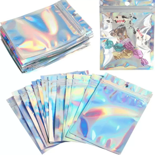 Resealable Smell Proof Bags Aluminum Foil Zipper Pouch Bag Holographic Packaging for Food Snack Candy Storage