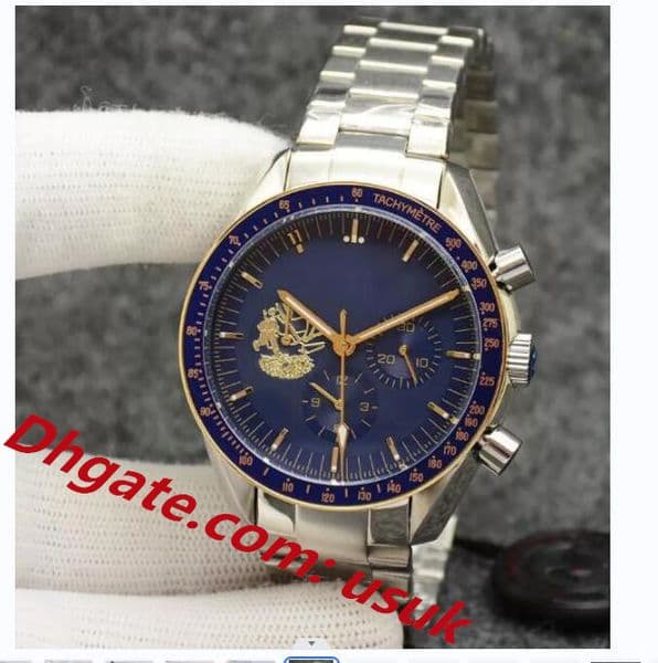 Mens Watches Eyes on the stars Watch Chronograph sports Battery Power limited Two Tone Gold Blue Dial Quartz Professional Dive Wristwatch Steel Strap original box