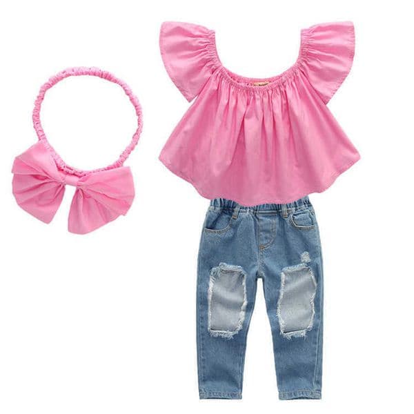 Baby Clothing Sets Summer Girl Set Pink Top Ripped Jeans Denim Pants Bows Headband 3 Pcs Sets Kids Designer Clothes Girls j74