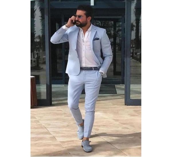 2 Pieces Smart Casual Light Blue Wedding Suit For Men One Button Slim Fit Men Suit Groom Wear Man Blazer Pants