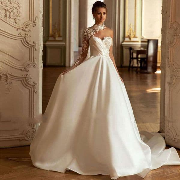 Modern Lace Satin Wedding Dress for Women Elegant 2023 High Neck One Shoulder Bride Bridal Gowns Sexy Open Back Vestidos De Noiva