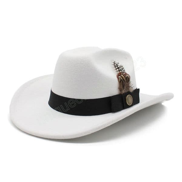 Men's Western Cowboy Hat With Feather Fuxury Belts Fascinator White Wedding Church Hats Women Elegant Party Jazz Caps