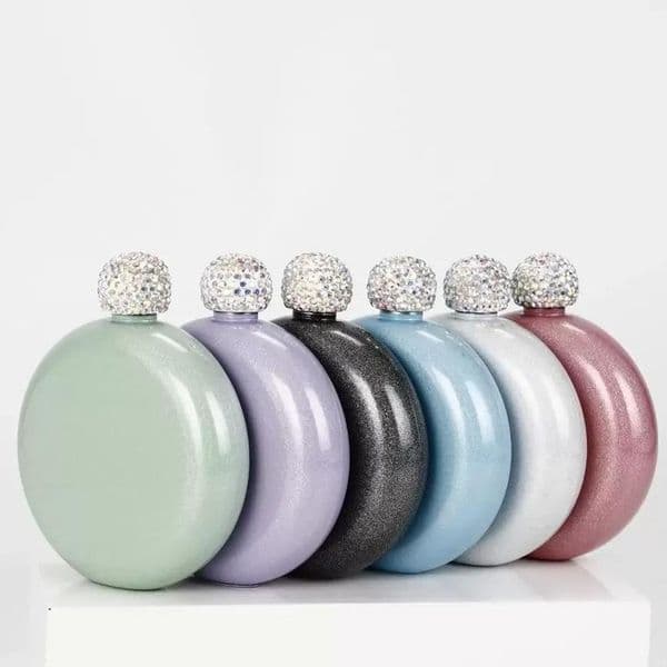 Holographic Glitter Spirit Flask 5oz Stainless Steel Hand size Flask with Rhinestone Cap Perfect Gift for Women