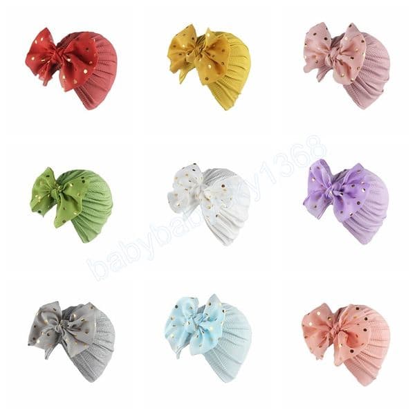 Fashion Golden Dots Bowknot Baby Girls Turban Hat Cute Handmade Bows Infant Caps Children Headwear Photography Props