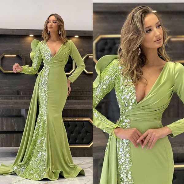 Vintage V Neck Prom Dresses Long Sleeves Lace Party Dresses Sequins Ruched with Overskirts Custom Made Evening Dress