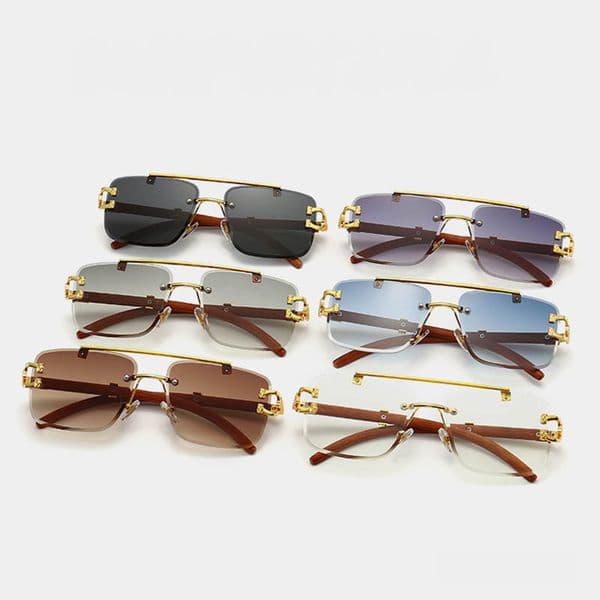 Rimless Square Pilot Sunglasses With Special Leopard Gilding Hinge Plastic Woodgrain Temples Vintage Trimming Sun Glasses Wholesale
