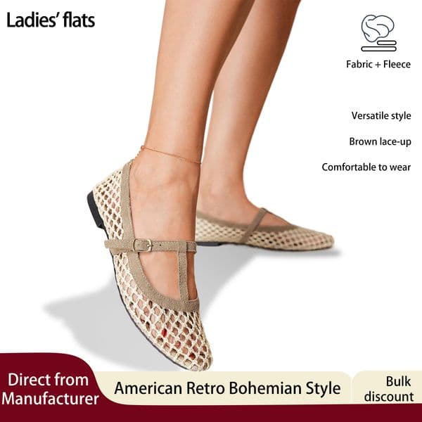 Sandals Khaki women's flats New resort Wear BOHO outfit American retro style with T-strap design shallow square toe casual and comfortable Elegant sandals 7.0-4