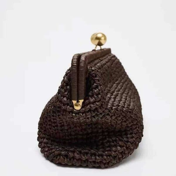 Tote Bag Coffee Elongated Woven Clutch Bags For Women Removable Chain Crossbody Strap Interior Zip Pocket Metallic Detail On The Closure