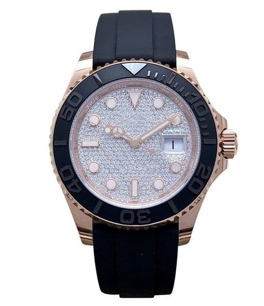 Luxury Mens Watches 116655 40mm Calendar Full Diamond Dial Sapphire Mirror Black Rubber Strap Rose Gold Steel Bezel Male Waterproof Wristwatches