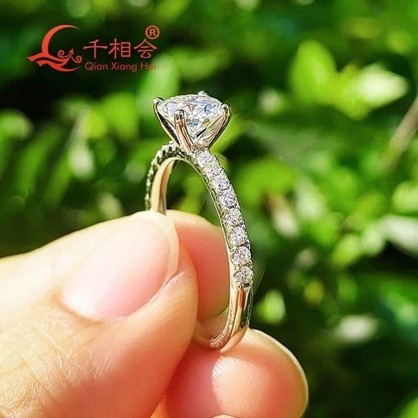 Womens 1CT round Moissanite Ring with 4 Claws 65mm Half Eternity Band 10k 14k 18k Real Gold Jewelry Gift for Dating Wedding