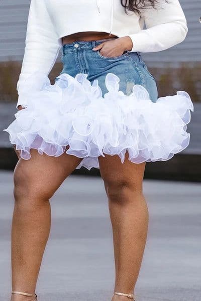 Plus Size Denim Mini Skirts: Blue High Waist Tulle Pocket Casual Skirt, Vintage Streetwear Summer Fashion ddmythur ddmythur ddmythur