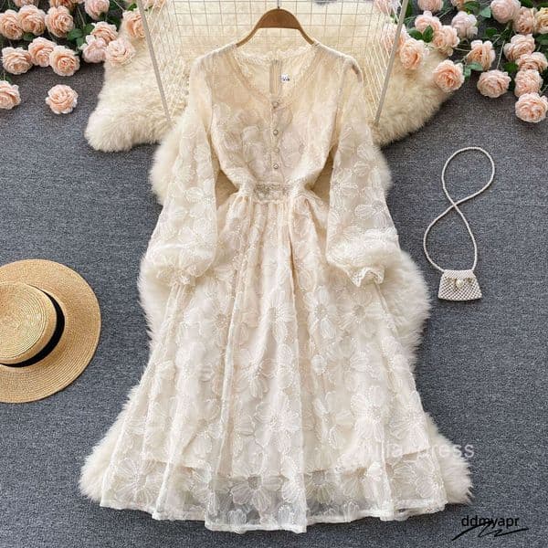 Gentle And Feminine Slim Waist Knee Length Long Sleeve First Love A-Line Skirt Elegant Temperament V-Neck Lace Dress Ddmyapr Ddmyapr Ddmyapr Ddmyapr