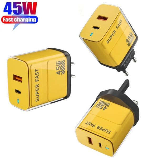 Crystal Shell Light Up QC3.0 USB C 45W Fast Charger Quick Charge Dual Ports PD USB Cellphone Wall Charging Travel Power Adapter For iPhone 17 16 15 14 13 Samsung S25 S24 S23