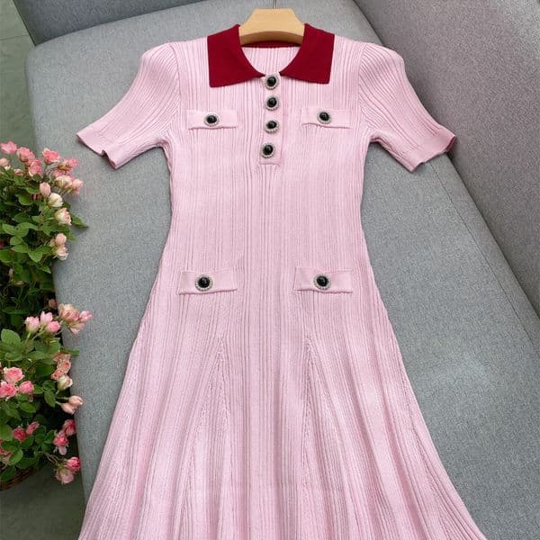 2025 Autumn Pink Contrast Color Panelled Knitted Dress Short Sleeve Lapel Neck Buttons Short Casual Dresses G5S01 Check Size Chart Please